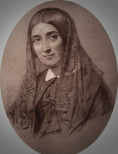 Old drawn portrait of Cornelia Augusta Peacock wearing sheer headscarf, white collar and modest dress